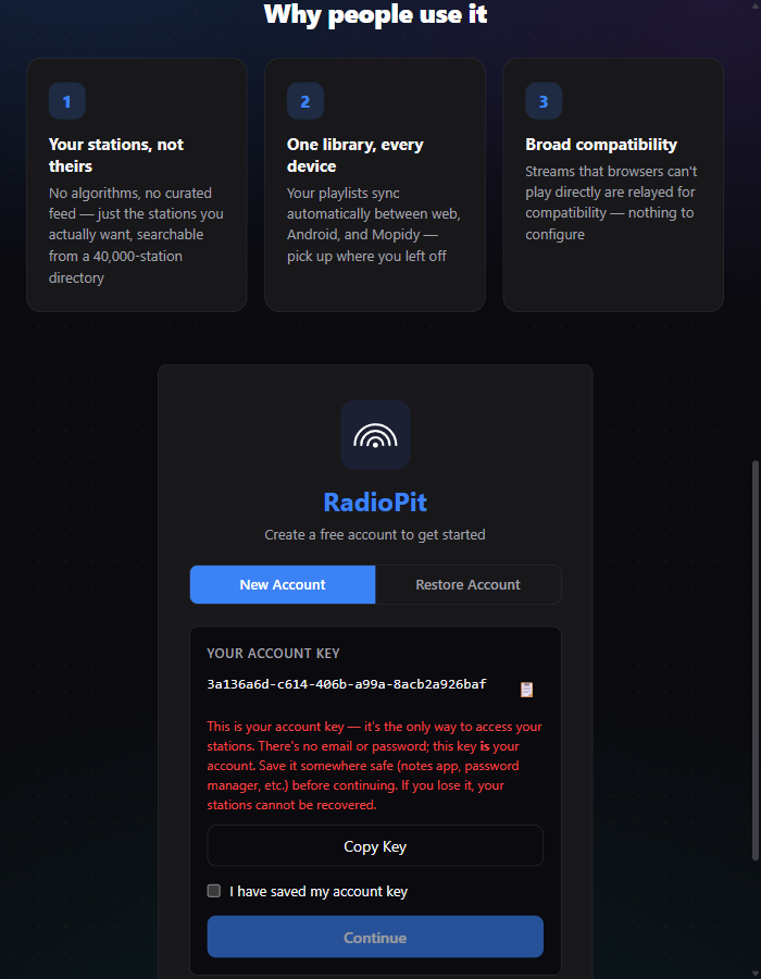 RadioPit new account screen showing the generated account key