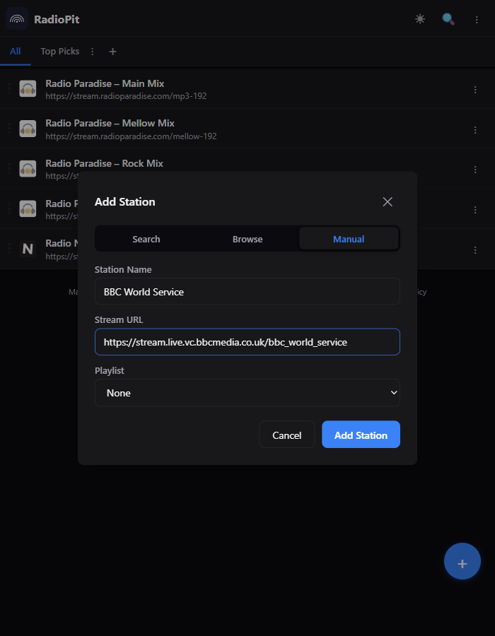 RadioPit Manual tab with a station name and stream URL filled in
