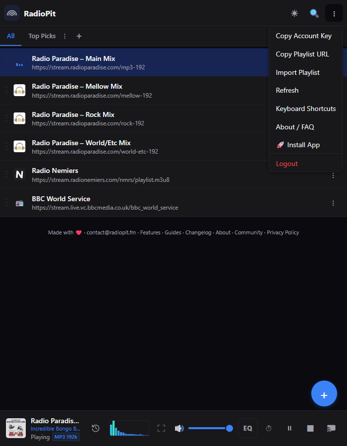 RadioPit header menu with Copy Playlist URL highlighted