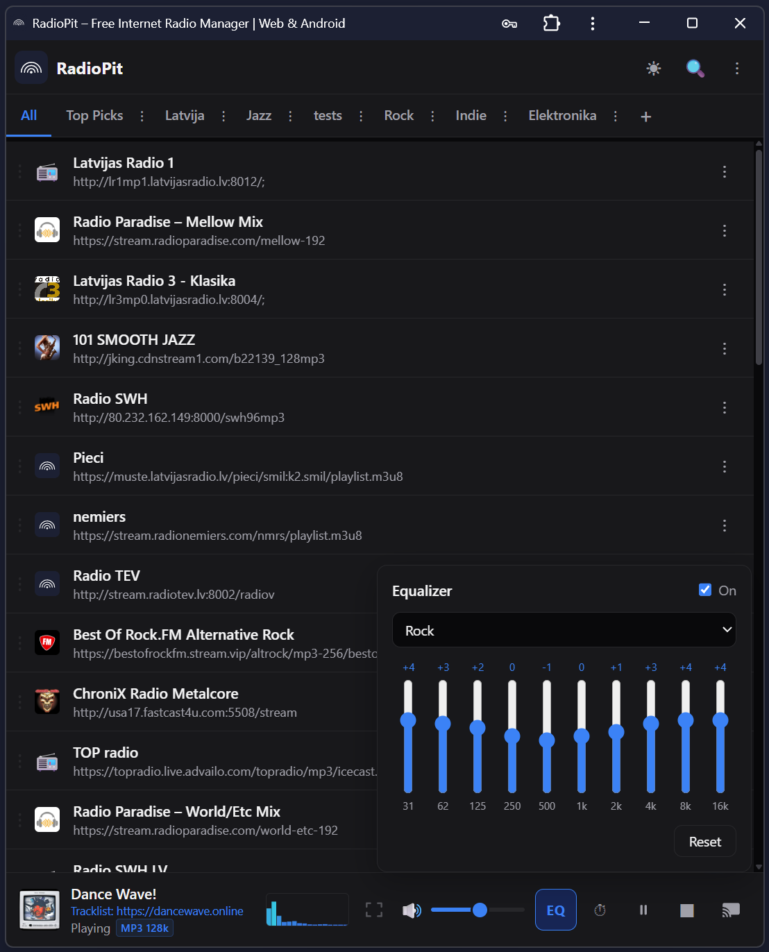 RadioPit web app station list with the 10-band equalizer open