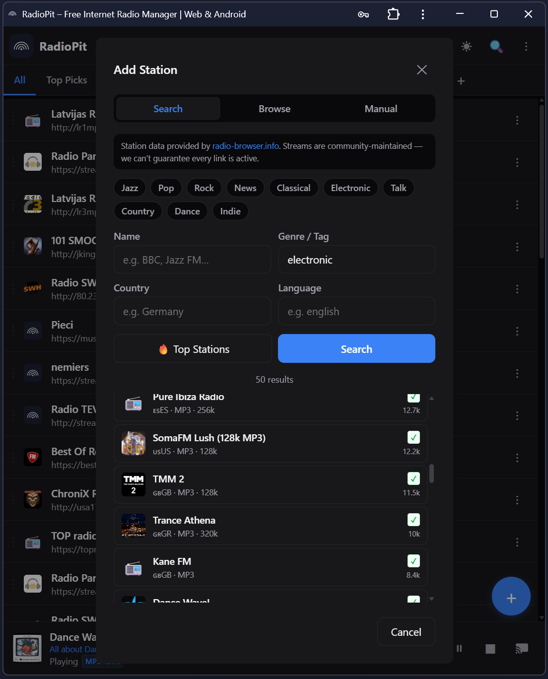 RadioPit add-station dialog searching the radio directory